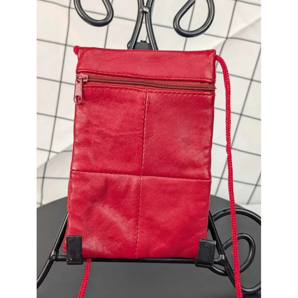 Red Leather Neck Pouch/Crossbody Bag ~ Small Travel Wallet/Purse